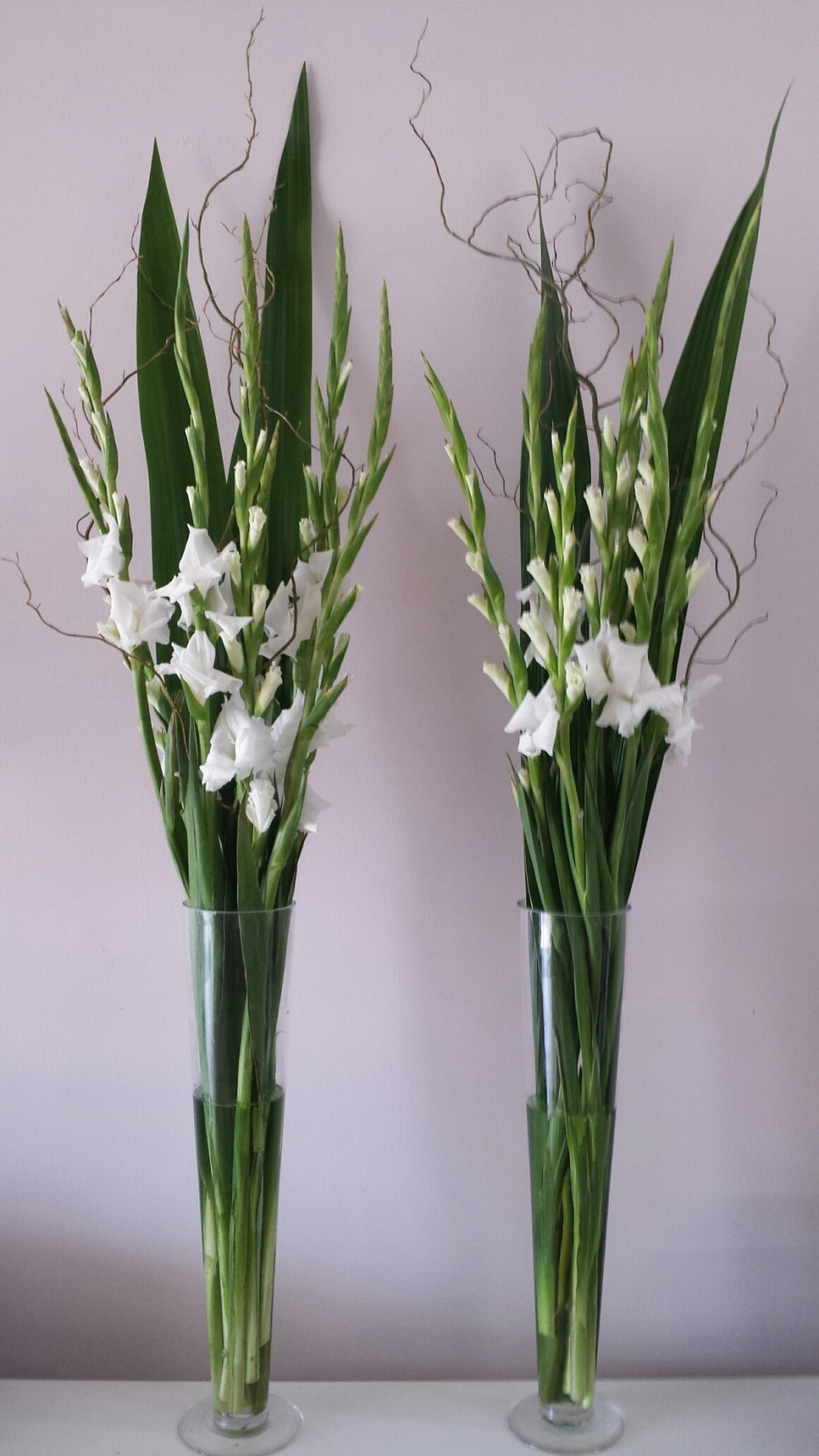 white gladys and gymea leaves in tall glass vases