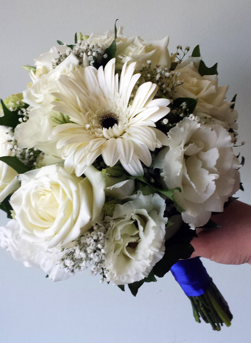 White roses, gerberas and lisianthus bridal posy