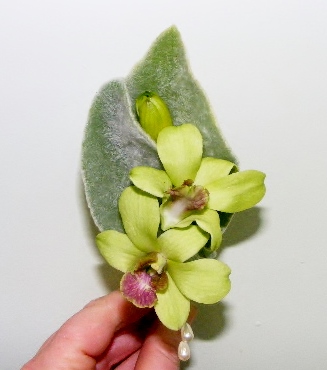 Buttonhole - jade orchid and Lambs Ear leaves